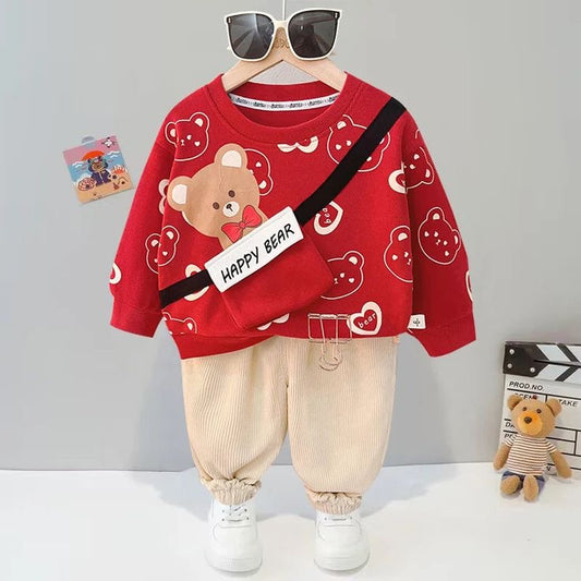 Red Happy Bear Print Sweatshirt With Trouser For Kids