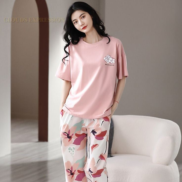 Pink Flowers Style Printed T-Shirt Trouser ( PJ Set )