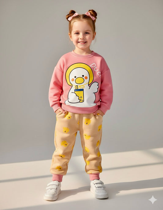 Pink Duck Print Sweatshirt With Trouser For Kids