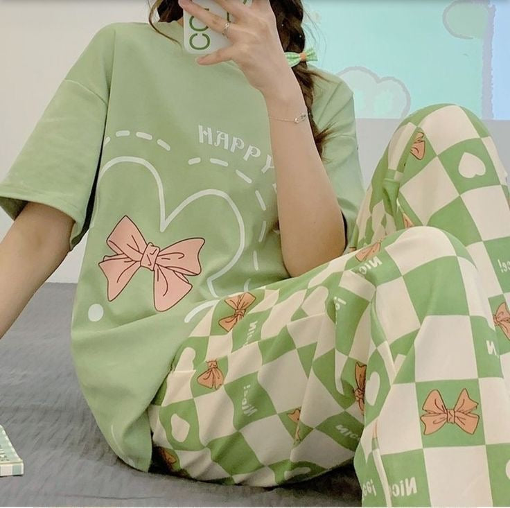 Happy Day Green & Printed T-Shirt Trouser ( PJ Set )