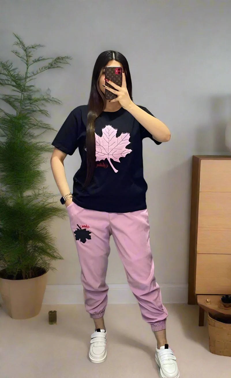 Black Pink Leaf Print Shirt & Trouser ( PJ Set )