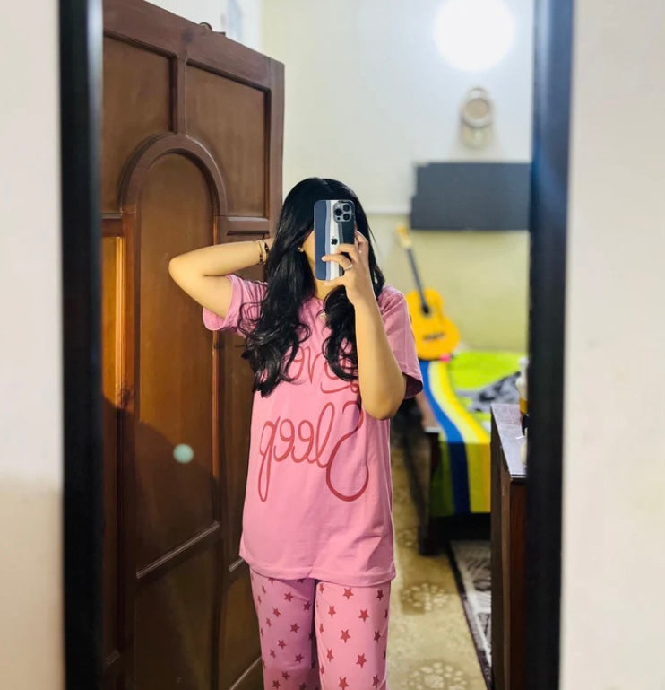 Pink Love Sleep Printed Night Wear Shirt & Trouser