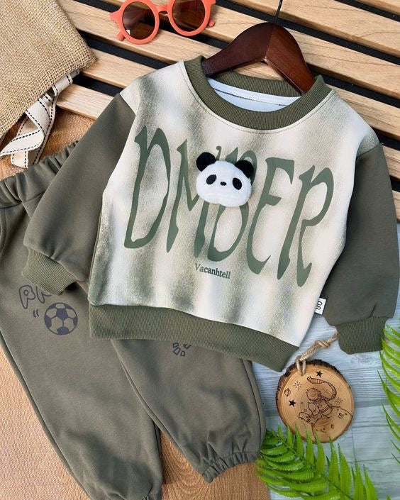 Green Panda DMBER Print Sweatshirt With Trouser For Kids