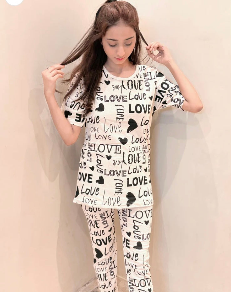 Skin Love Heart Printed Night Wear Shirt & Trouser