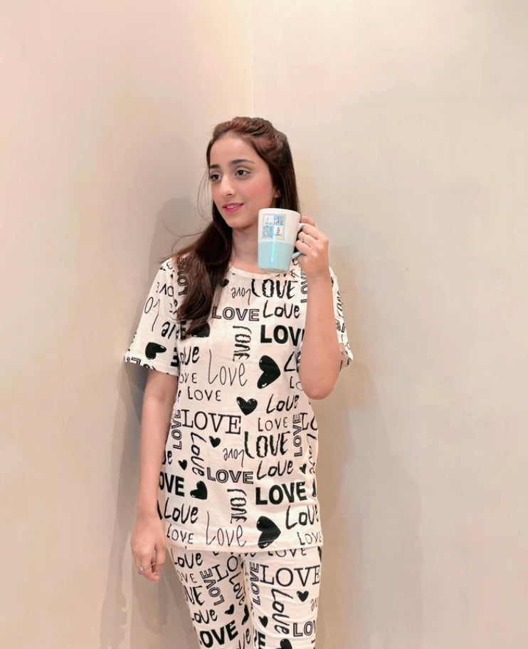 Skin Love Heart Printed Night Wear Shirt & Trouser