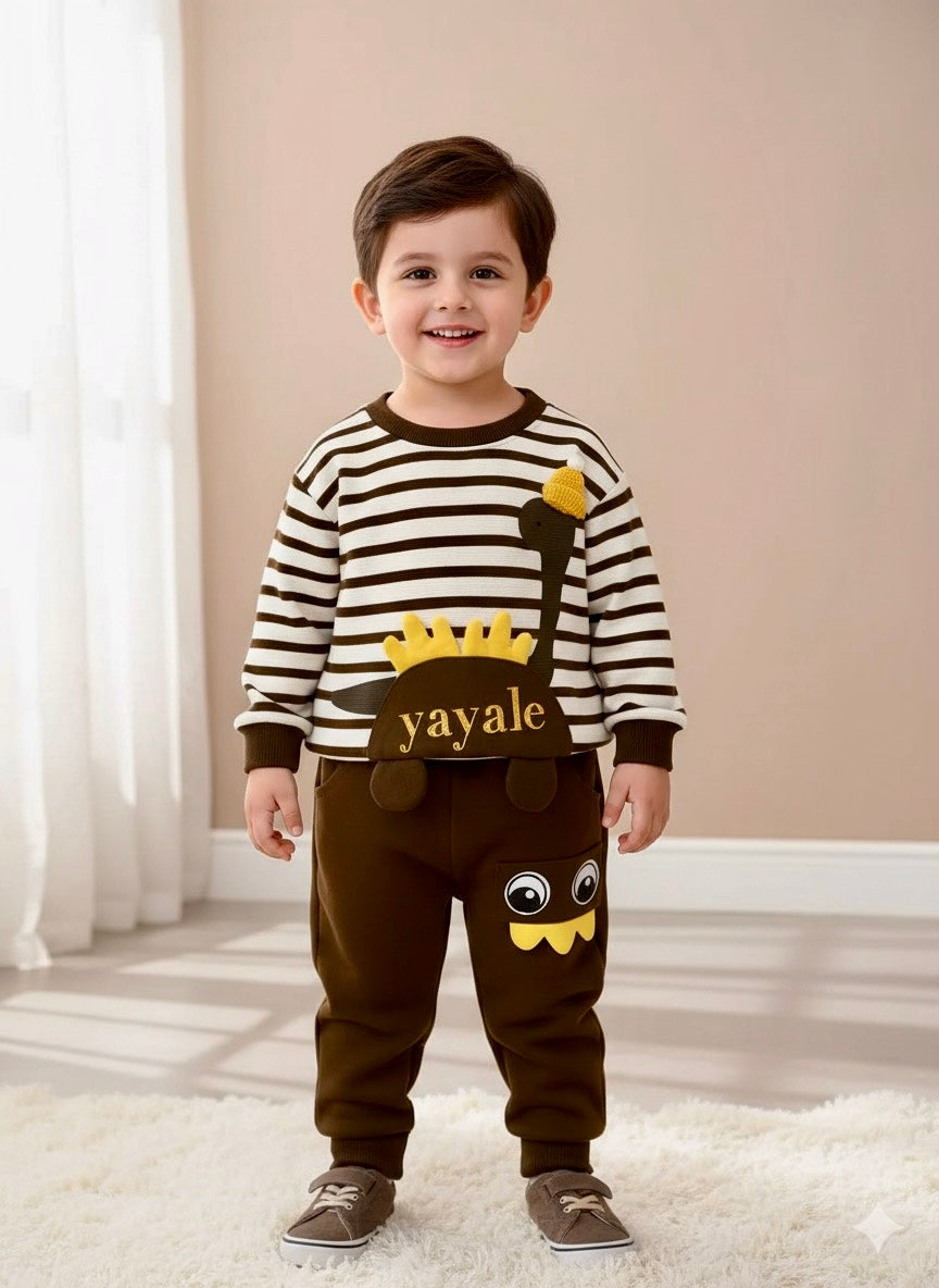 Brown Dino Print Sweatshirt With Trouser For Kids