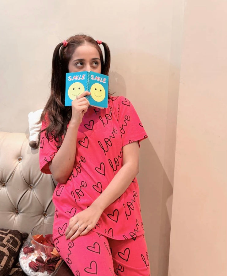 Pink Love Heart Printed Night Wear Shirt & Trouser