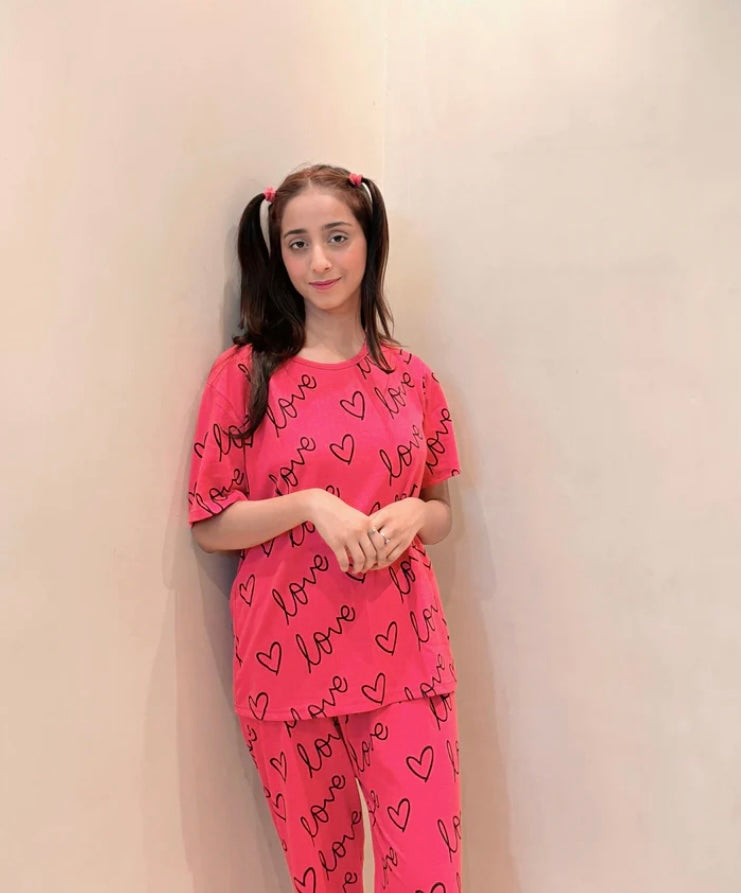 Pink Love Heart Printed Night Wear Shirt & Trouser