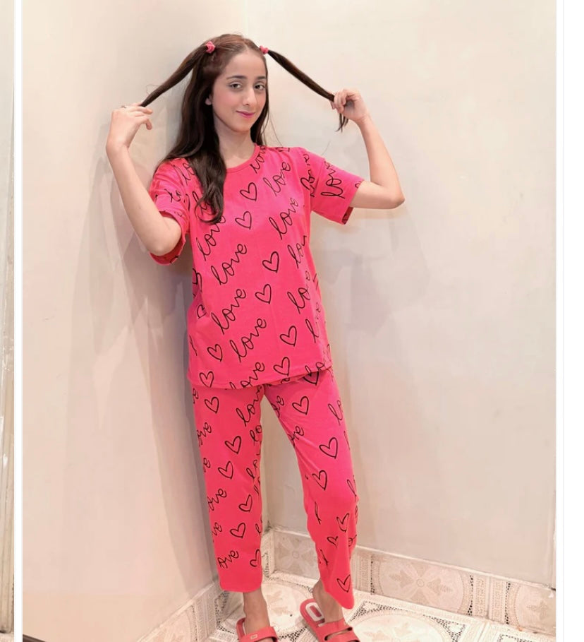 Pink Love Heart Printed Night Wear Shirt & Trouser