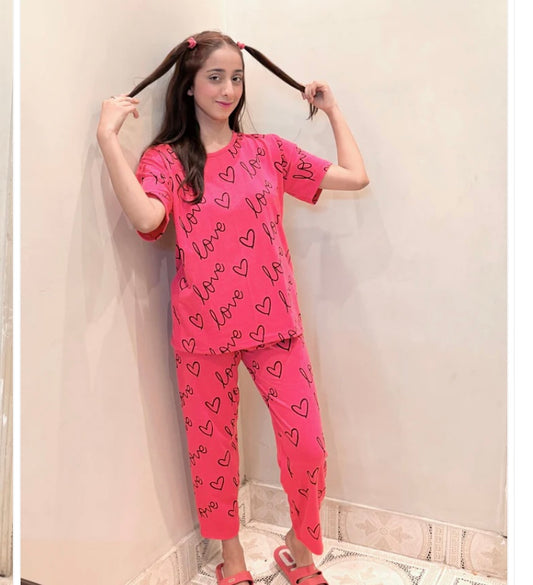 Pink Love Heart Printed Night Wear Shirt & Trouser