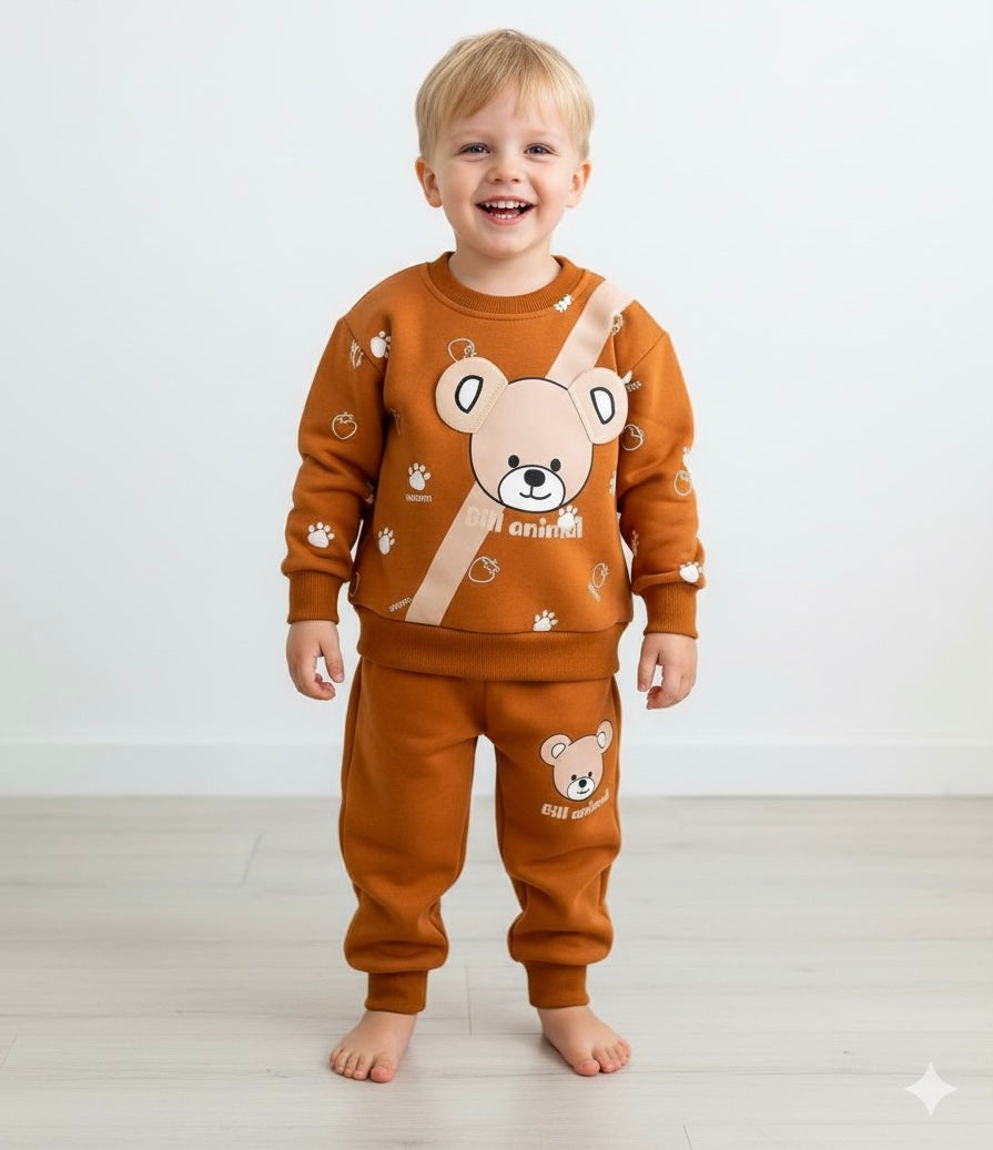 Brown Bear Print Sweatshirt With Trouser For Kids