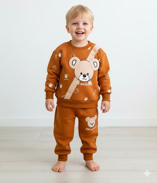Brown Bear Print Sweatshirt With Trouser For Kids