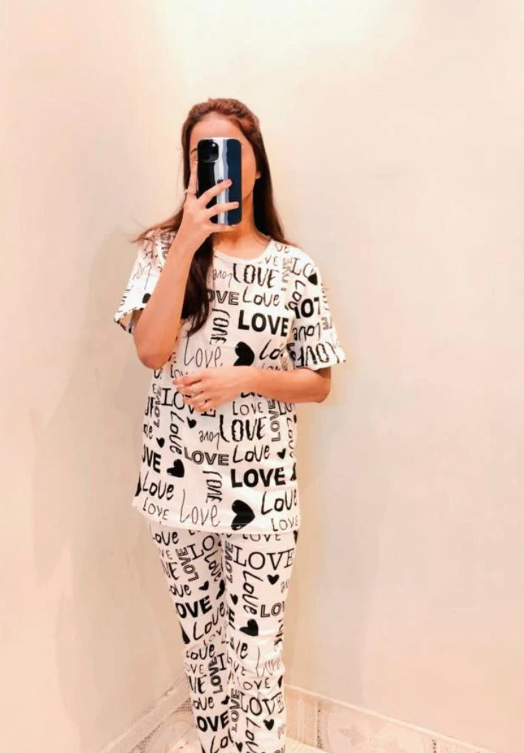 Skin Love Heart Printed Night Wear Shirt & Trouser
