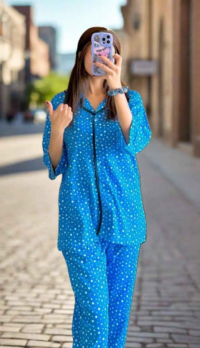 Blue Dotted Printed Soft Cotton Night Suit ( PJ Set )