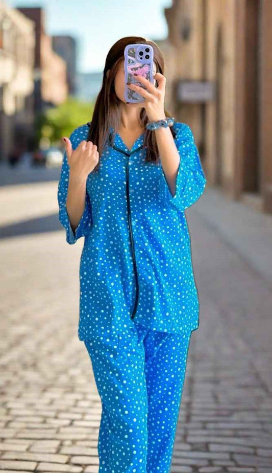 Blue Dotted Printed Soft Cotton Night Suit ( PJ Set )