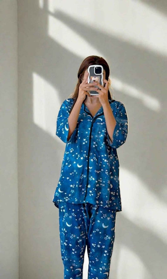 Blue Stars Theme Printed Soft Cotton Night Suit ( PJ Set )