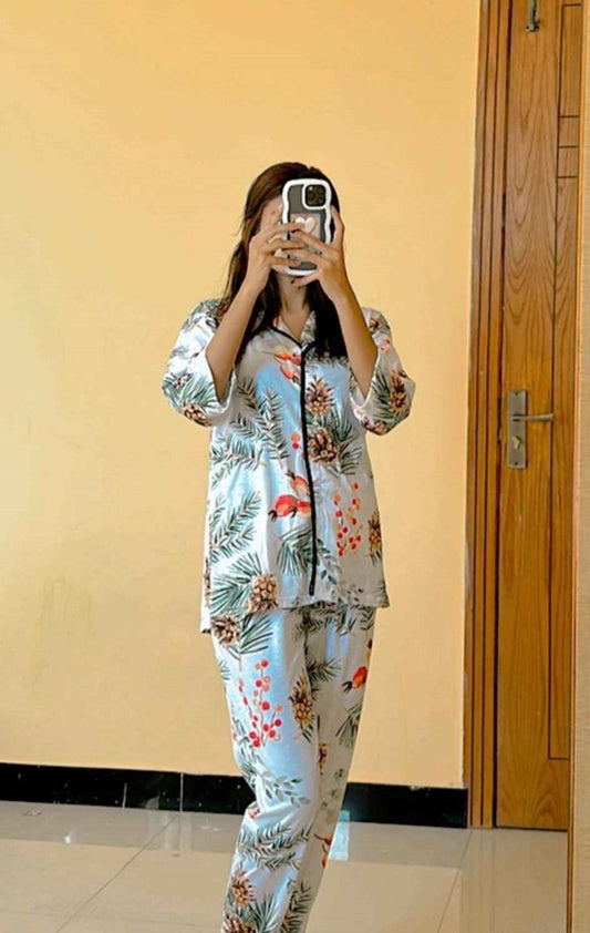 Flowers Printed Soft Cotton Night Suit ( PJ Set )