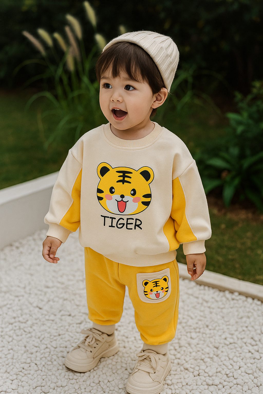 Yellow Tiger Print Sweatshirt With Trouser For Kids