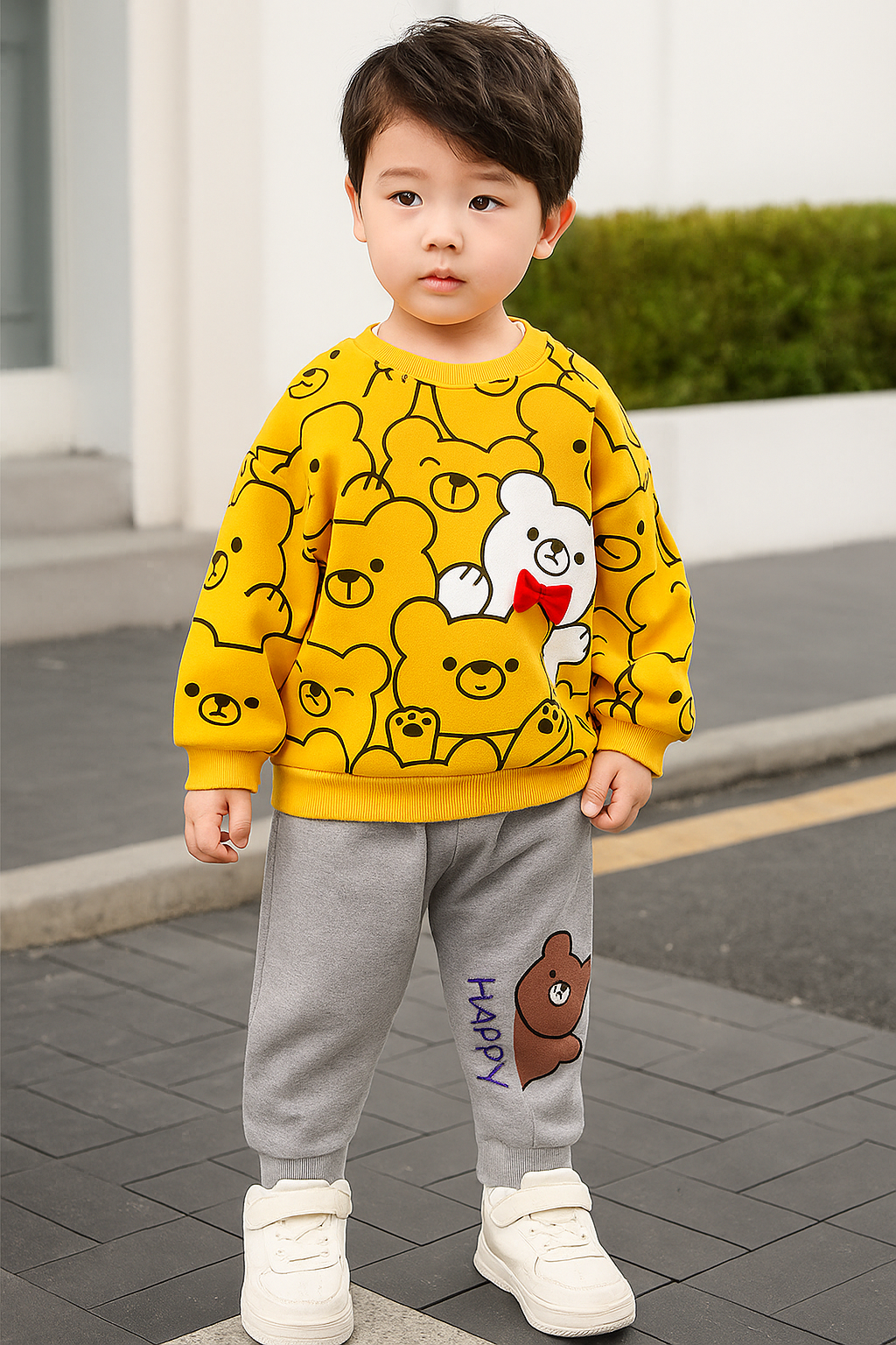 Yellow White Bears Print Sweatshirt With Trouser For Kids