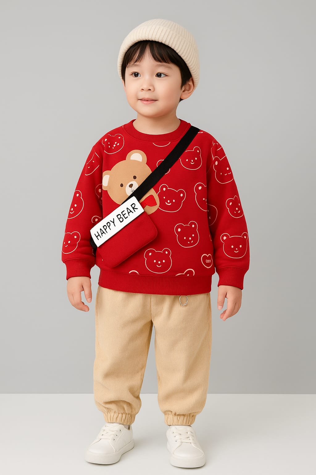 Red Happy Bear Print Sweatshirt With Trouser For Kids