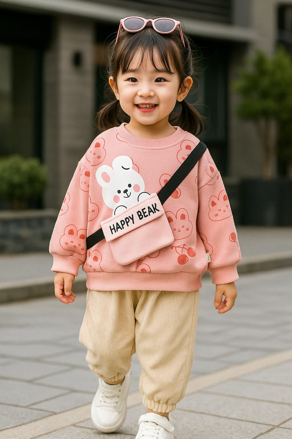 Pink Happy Bear Print Sweatshirt With Trouser For Kids