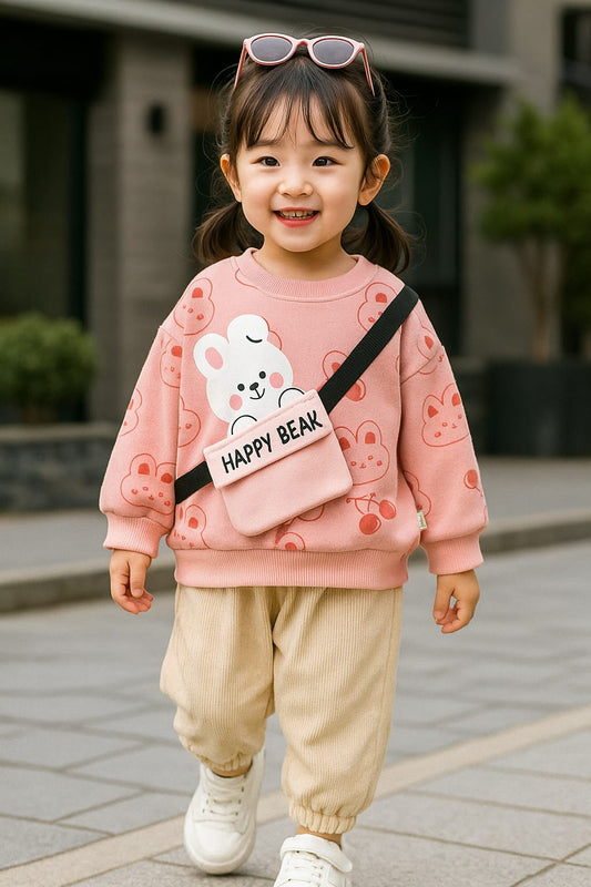 Pink Happy Bear Print Sweatshirt With Trouser For Kids