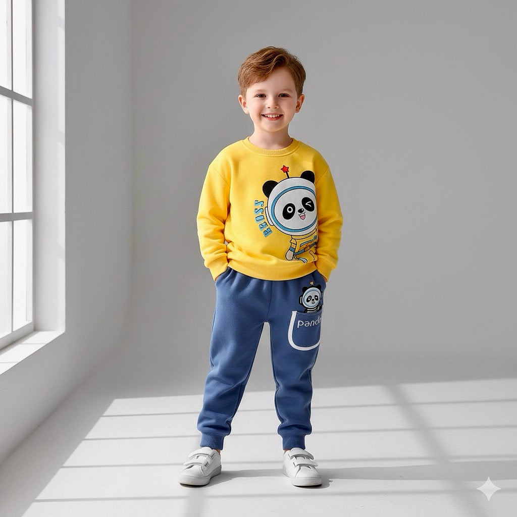 Yellow Panda Print Sweatshirt With Trouser For Kids