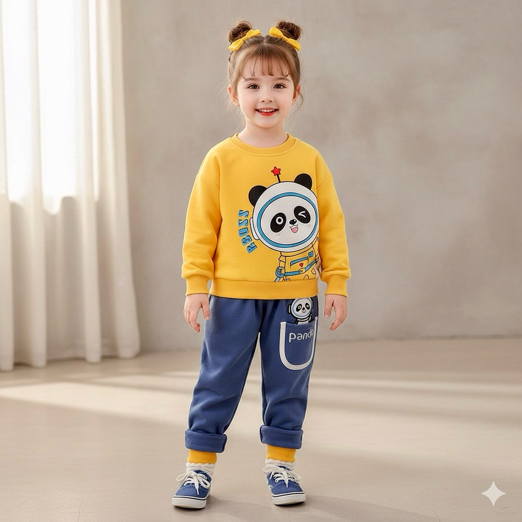 Yellow Panda Print Sweatshirt With Trouser For Kids