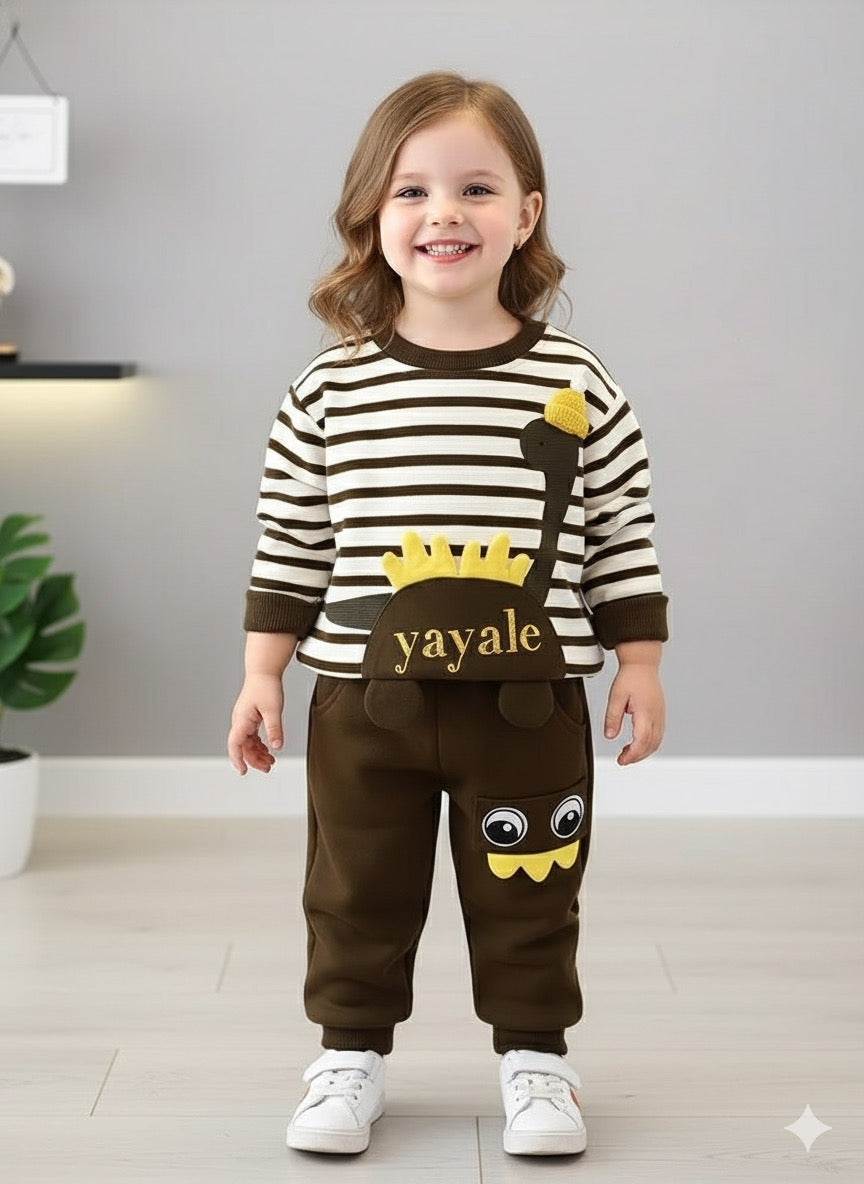 Brown Dino Print Sweatshirt With Trouser For Kids