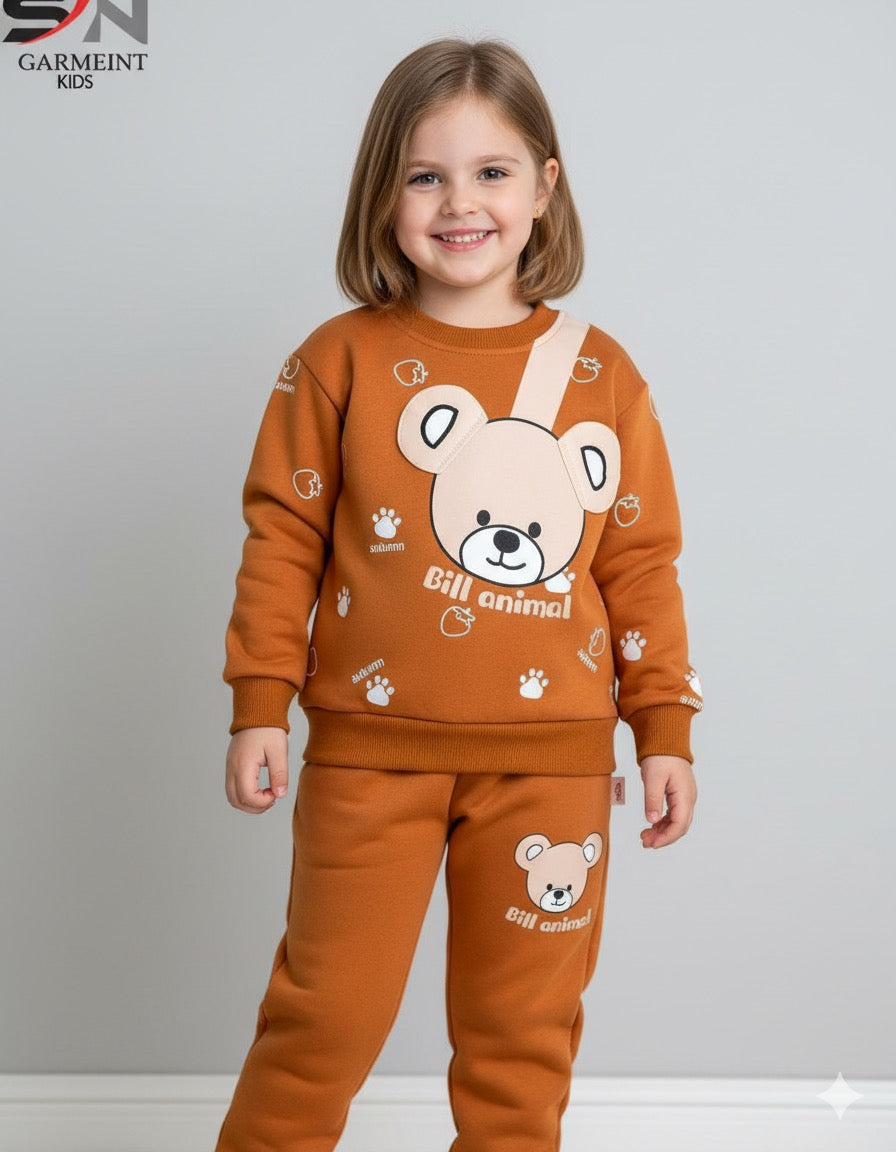 Brown Bear Print Sweatshirt With Trouser For Kids