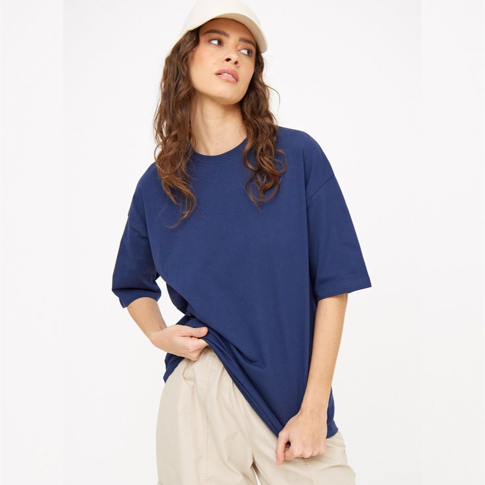 Navy Blue Plain Drop Shoulder Tee