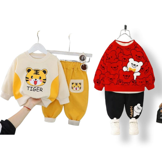 Pack Of 2 Yellow Tiger & Red Bear Print Sweatshirt With Trouser For Kids