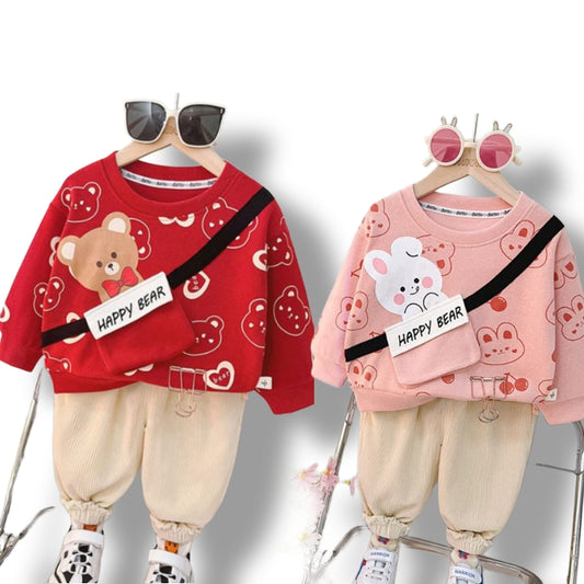 ( Pack Of 2 ) Red Happy Bear &  Pink Happy Bear Print Sweatshirt With Trouser For Kids
