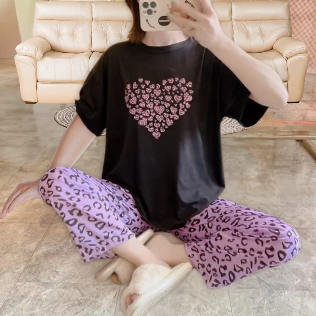 Black Purple Hearts Shirt & Trouser ( PJ Set )