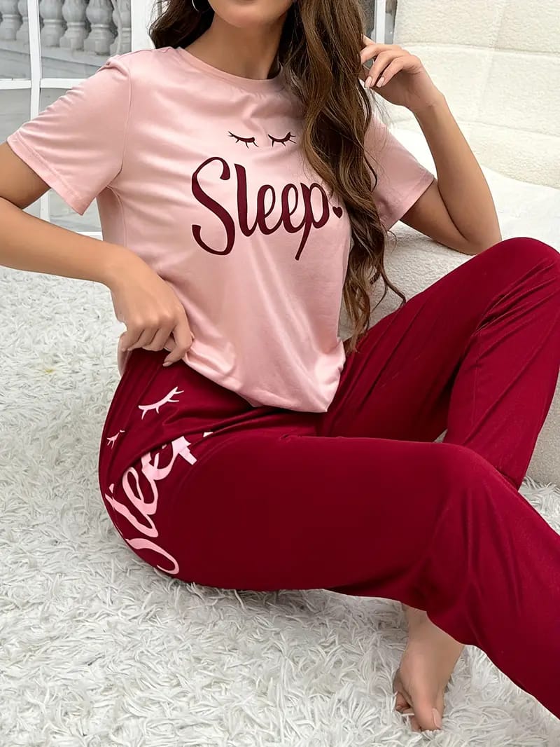 Pink Sleep Print half Sleeves T-shirt With Sleep Print Pajama Suit