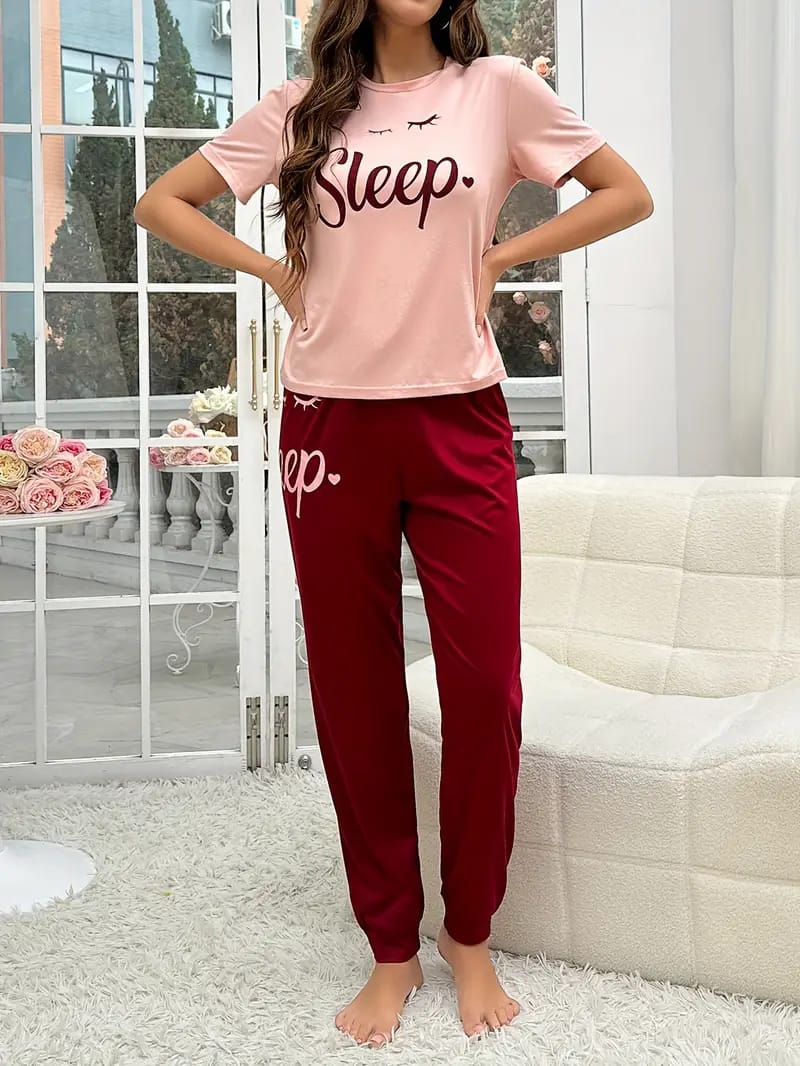 Pink Sleep Print half Sleeves T-shirt With Sleep Print Pajama Suit