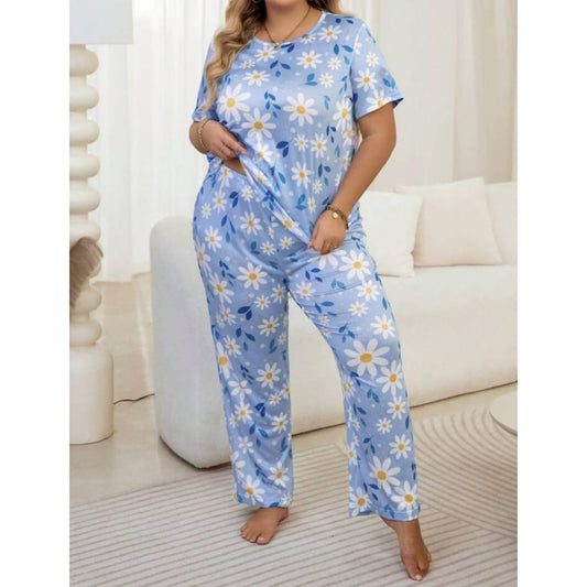 Blue Flowers Print Half Sleeves T-shirt With Flowers Print Pajama Suit