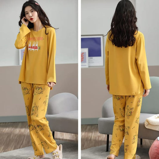 Yellow Amazing Full Sleeves T-shirt With Printed Pajama Suit
