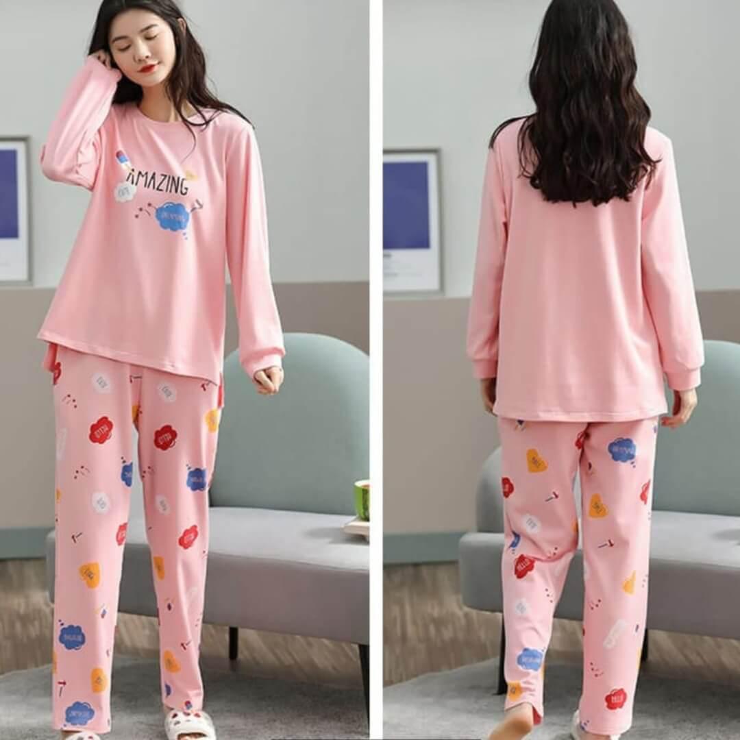 Pink Amazing Print Full Sleeves T-shirt With Printed Pajama Suit