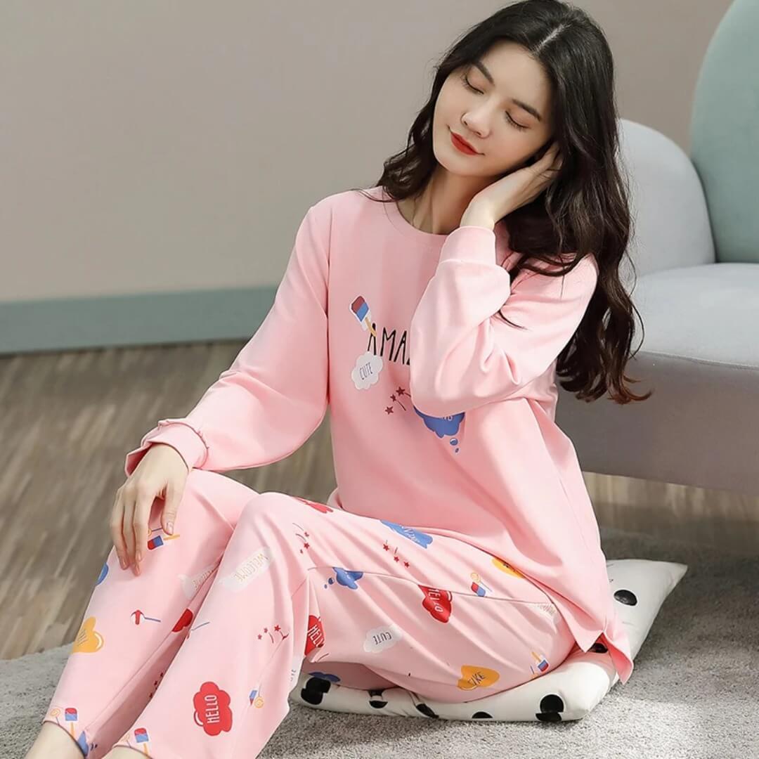 Pink Amazing Print Full Sleeves T-shirt With Printed Pajama Suit