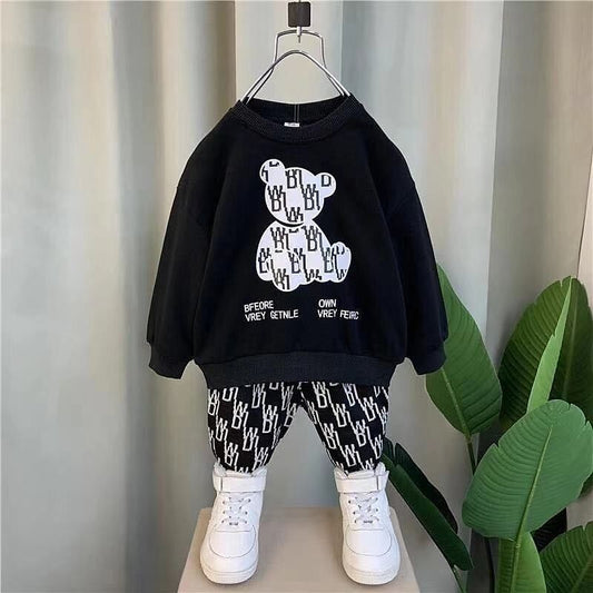 Black Bear Print Sweatshirt With Trouser For Kids