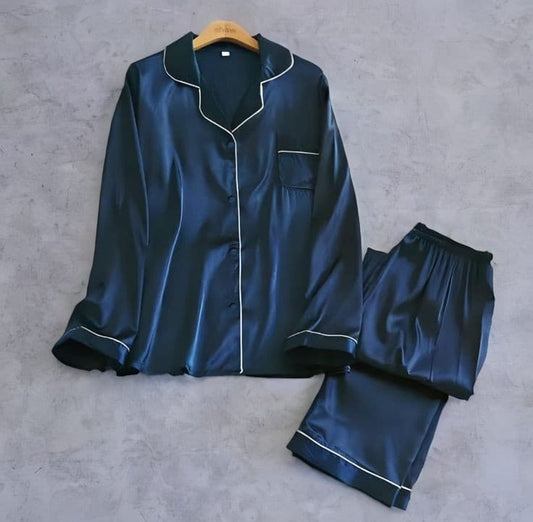 Navy Blue Silk Satin Night Suit For Her #224