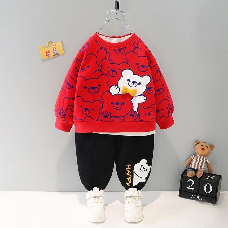 Red Bears Print Sweatshirt With Trouser For Kids