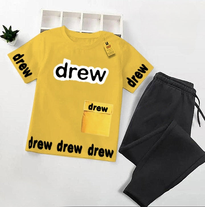 Yellow Summer Tracksuit Drew Style Shirt & Black Trouser For Baby & Baba