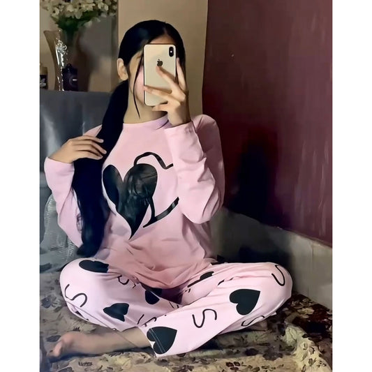 Pink Dual Hearts Full Sleeves  Shirt & Trouser ( PJ Set )