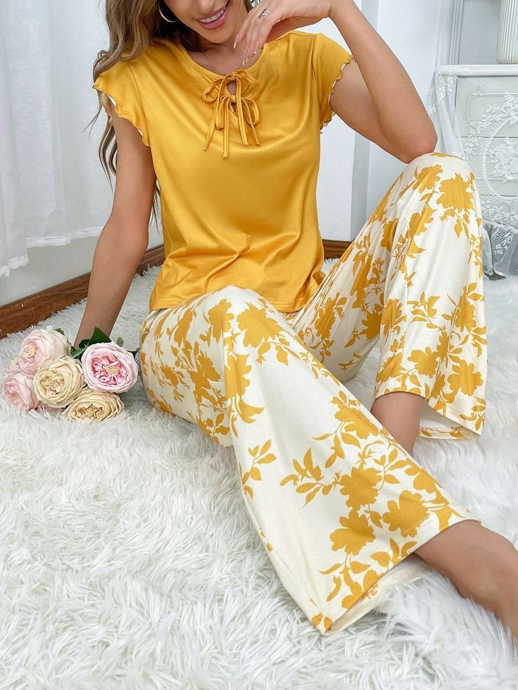 Yellow Flourish Style Shirt Trouser ( PJ Set )