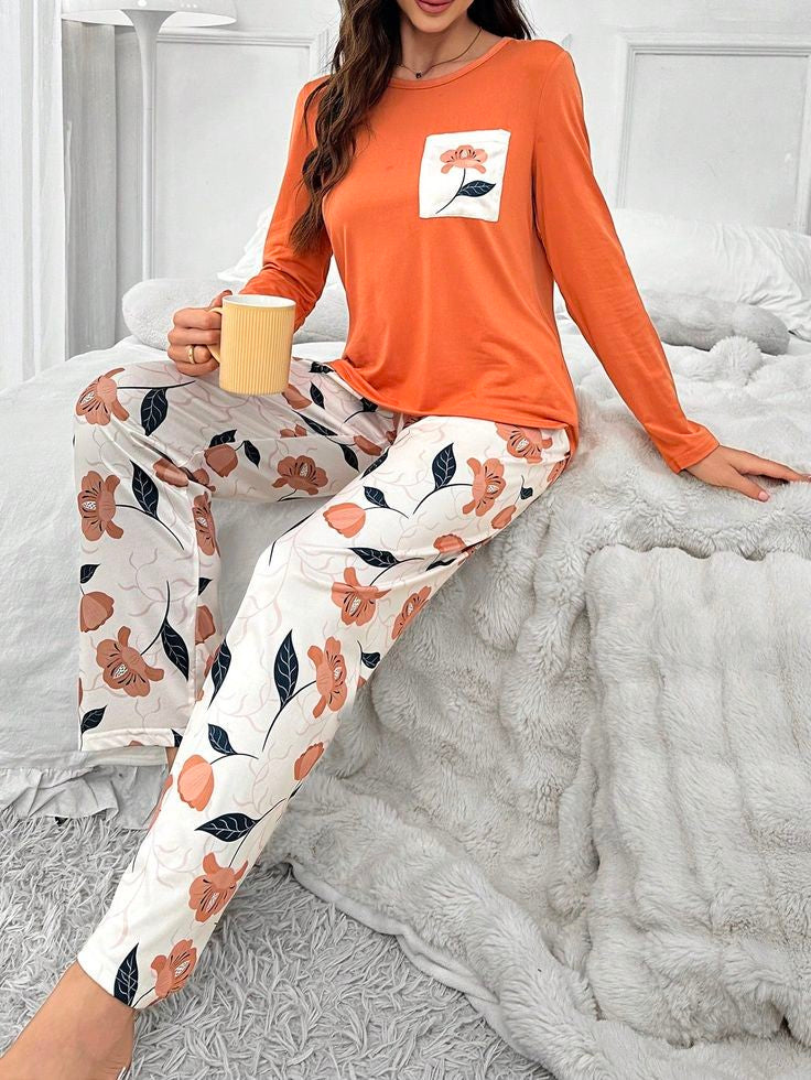 Orange Front pocket flower Printed Night Wear Shirt & Trouser