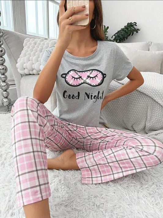 Grey good night with pink check pajama Printed Night Wear Shirt & Trouser