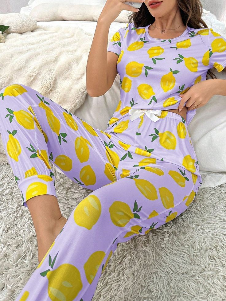 Purple Lemons Printed Night Wear Shirt & Trouser