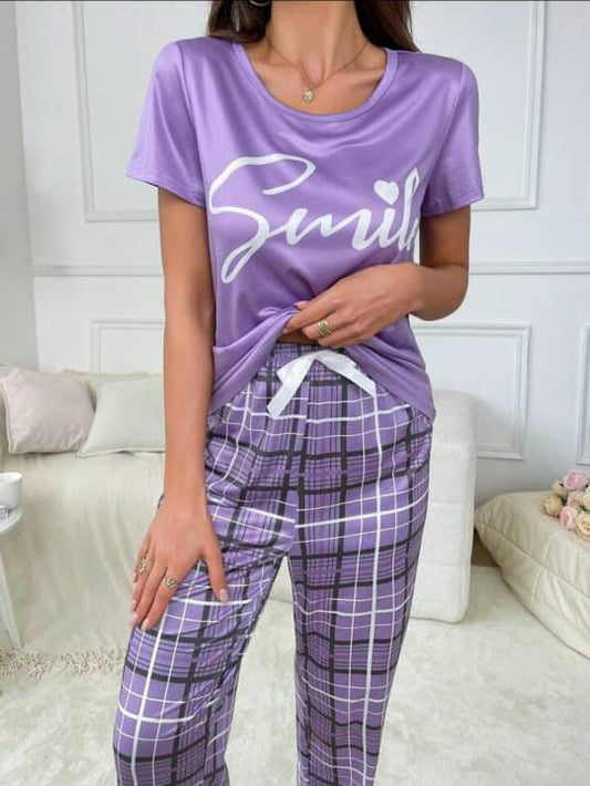 Purple smile print with check pajama Printed Night Wear Shirt & Trouser
